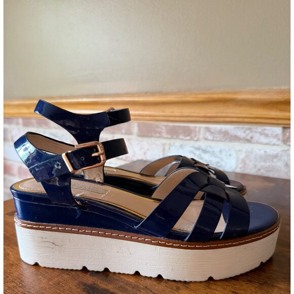 Blue Patent Leather Platform Sandals With Adjustable Strap & White Sole Size 7.5 - Picture 4 of 10